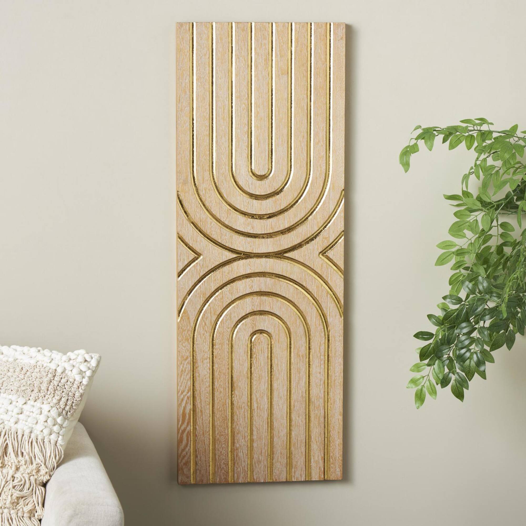 15.7" x 43.2" Light Brown Wood Geometric Panel with Overlapping Gold Arches Home Wall Décor